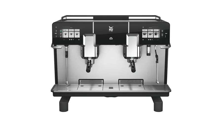 Professionelle Kaffeemaschine in Schwarz und Silber mit zwei Ausläufen, digitalem Bedienfeld, WMF-Logo und Abtropfschalen.