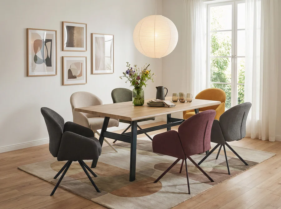 Ein Esszimmer mit einem Holztisch und sechs Stühlen in verschiedenen Farben auf einem gemusterten Teppich. Auf dem Tisch stehen eine Blumenvase, ein Krug und Geschirr. Eine große Papierlampe hängt über dem Tisch, und an der Wand hängen vier gerahmte Bilder.