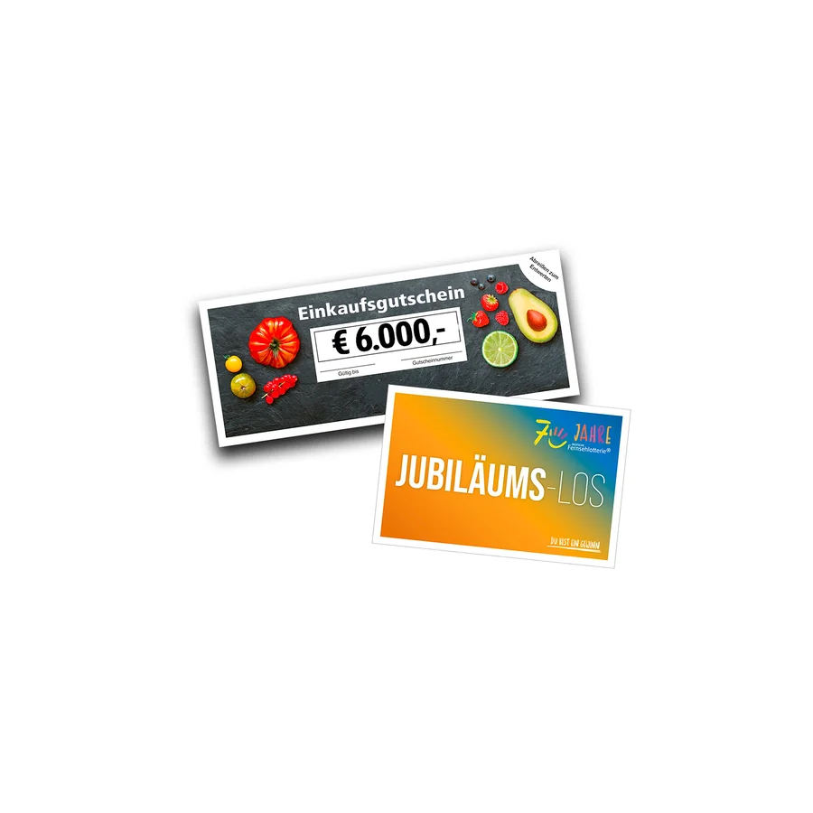 Einkaufsgutschein über 6.000 Euro mit Obst- und Gemüsemotiven und ein orange-blaues Jubiläums-Los der Fernsehlotterie zum 70-jährigen Jubiläum.