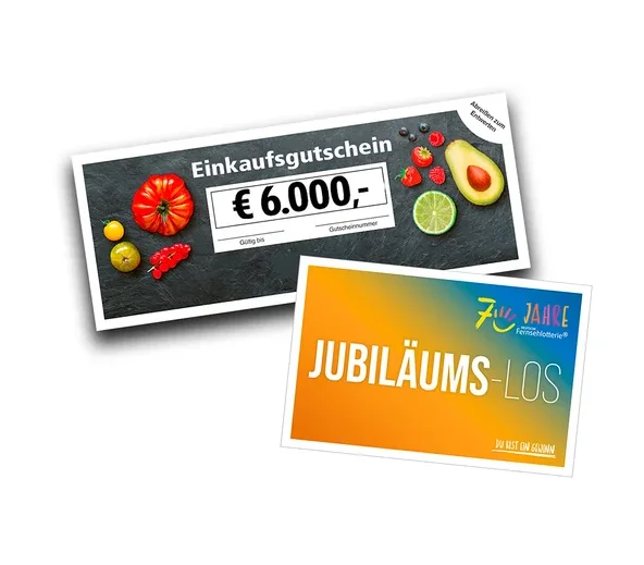 Einkaufsgutschein über 6.000 Euro mit Obst- und Gemüsemotiven und ein orange-blaues Jubiläums-Los der Fernsehlotterie zum 70-jährigen Jubiläum.