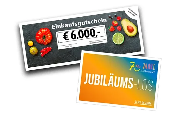 Einkaufsgutschein über 6.000 Euro mit Obst- und Gemüsemotiven und ein orange-blaues Jubiläums-Los der Fernsehlotterie zum 70-jährigen Jubiläum.
