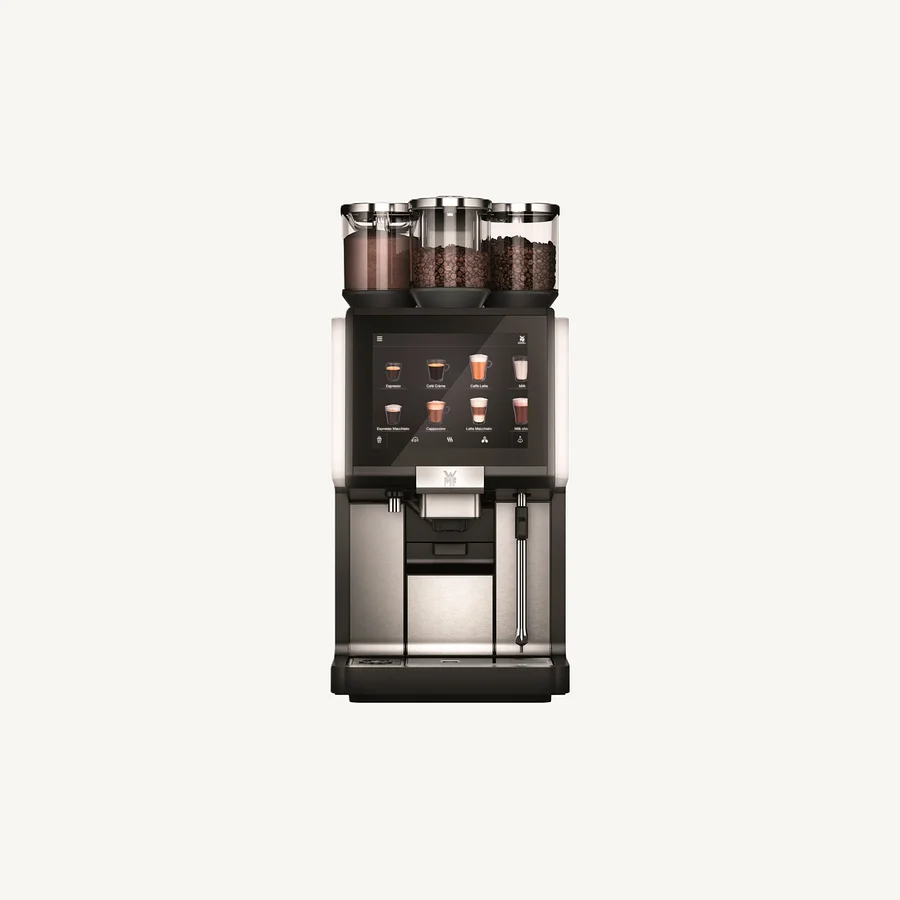 Kaffeemaschine mit Display und drei Kaffeebehältern.