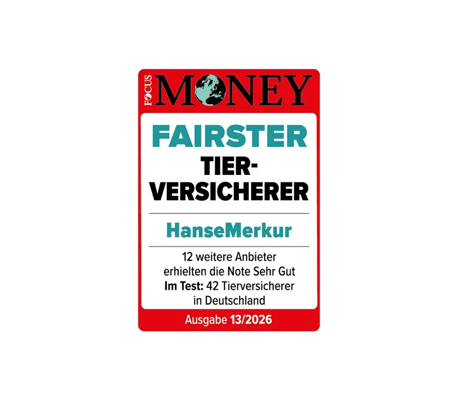 Das rote Siegel von Focus Money zeigt HanseMerkur als fairsten Tierversicherer, Ausgabe 13/2026.