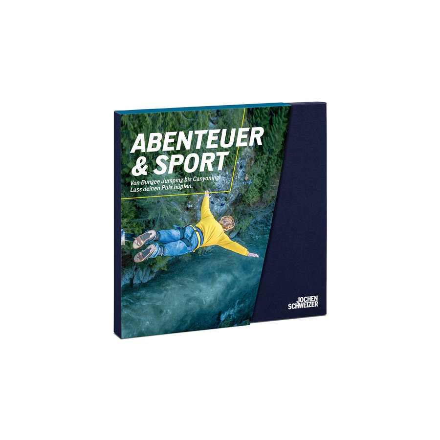 Geschenkbox 'ABENTEUER & SPORT' von Jochen Schweizer, mit einem Bild eines Bungee-Jumpers über einem Fluss und dem Text 'Lass deinen Puls hüpfen'.