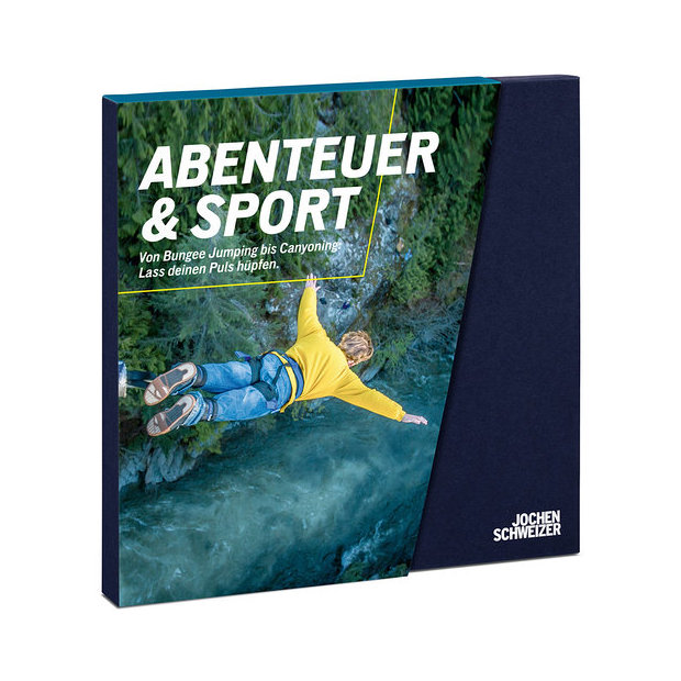 Geschenkbox 'ABENTEUER & SPORT' von Jochen Schweizer, mit einem Bild eines Bungee-Jumpers über einem Fluss und dem Text 'Lass deinen Puls hüpfen'.
