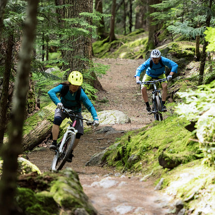 Zwei Personen fahren mit Mountainbikes auf einem moosigen Waldweg durch einen dichten Wald. Die vordere Person trägt einen gelben Helm und ein blaues Shirt, die hintere einen weißen Helm und ein blaues Shirt.