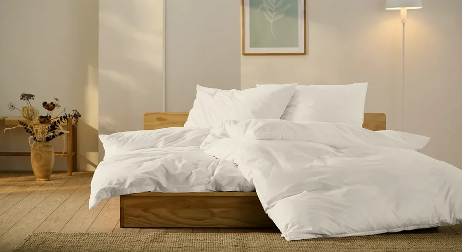 Bett mit weißer Perkal-Bettwäsche in Standard- und Übergröße.
