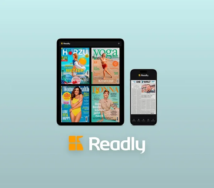 Ein Tablet zeigt vier Magazincover der Readly App, darunter Hörzu und Women's Health. Daneben ein Smartphone mit einem Artikel der Zeitung Die Welt. Darunter das Readly Logo.