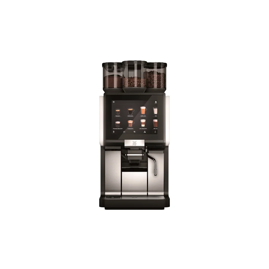 Schwarze und silberne Kaffeemaschine mit drei transparenten Behältern für Bohnen und Pulver, einem Touchscreen mit Getränkeauswahl und einem Auslauf mit Dampfdüse.