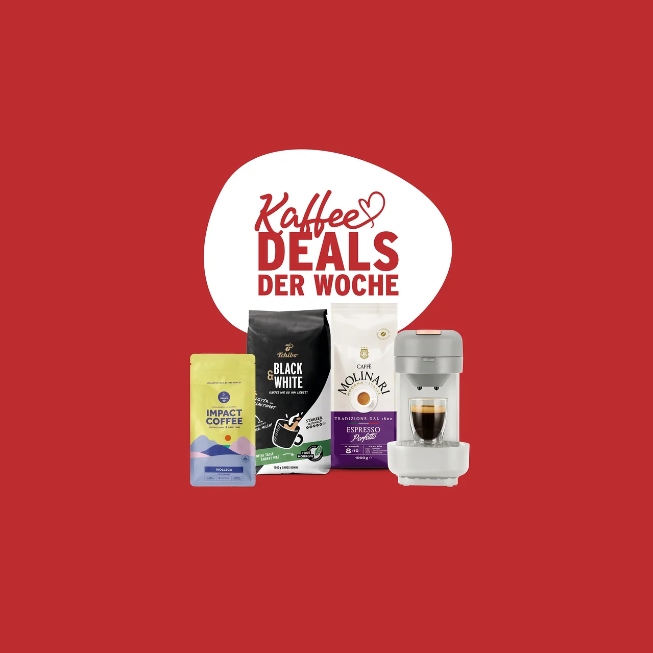 Drei Kaffeepackungen und eine kleine grau-weiße Espressomaschine mit einem Espresso, auf rotem Hintergrund mit einer weißen Sprechblase mit der Aufschrift 'Kaffee DEALS DER WOCHE'.