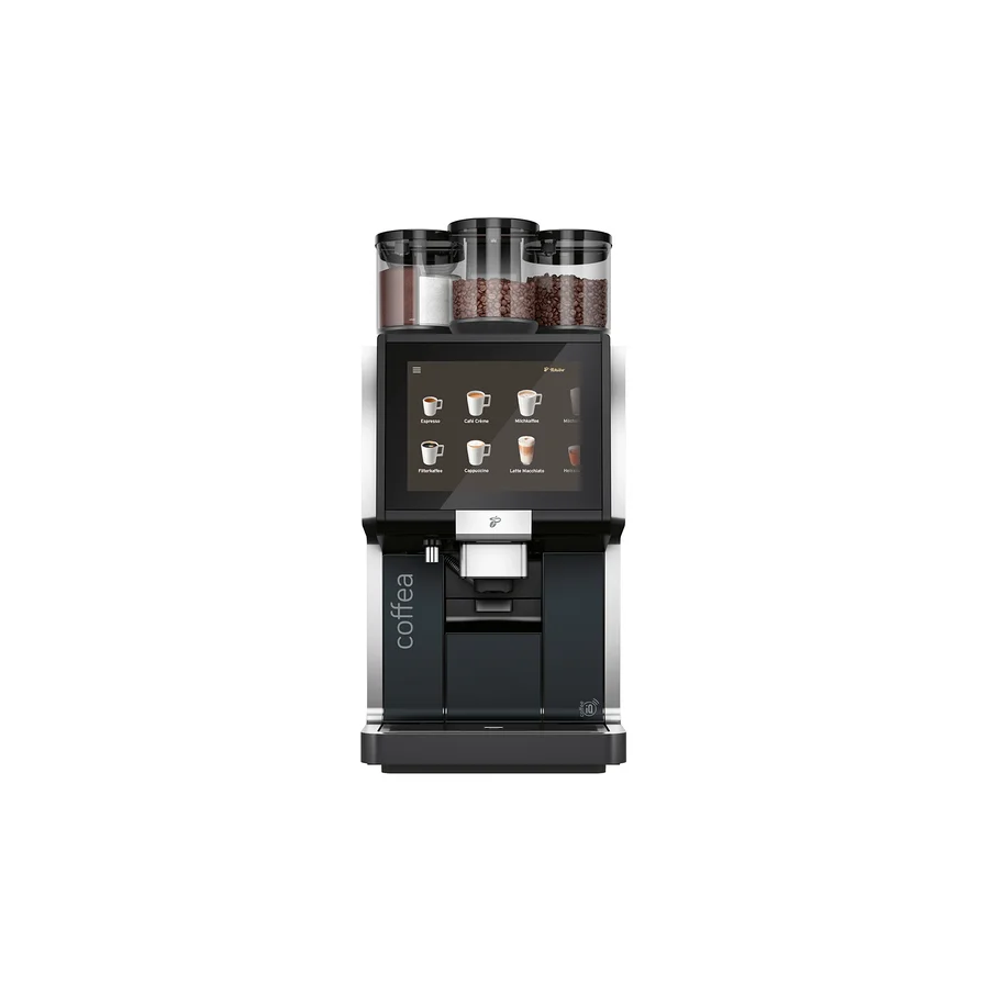 Ein Kaffeevollautomat mit Display und drei transparenten Behältern für Kaffeebohnen.