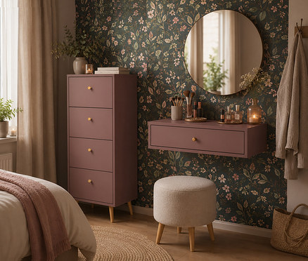 Mauve Kommode »Bjarne« mit 4 Schubladen und passendem Hängekonsolentisch »Bjarne« unter einem runden Spiegel an einer floralen Tapetenwand. Ein heller Hocker steht davor.
