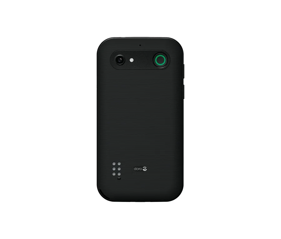 Rückseite des schwarzen Doro Leva E10 LTE Telefons mit Kamera, Blitz, grün umrandetem Knopf oben, Doro Logo und Ladekontakten unten.
