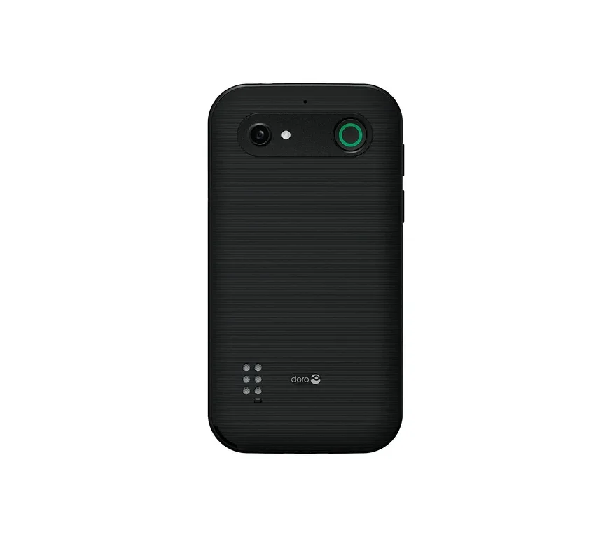 Rückseite des schwarzen Doro Leva E10 LTE Telefons mit Kamera, Blitz, grün umrandetem Knopf oben, Doro Logo und Ladekontakten unten.