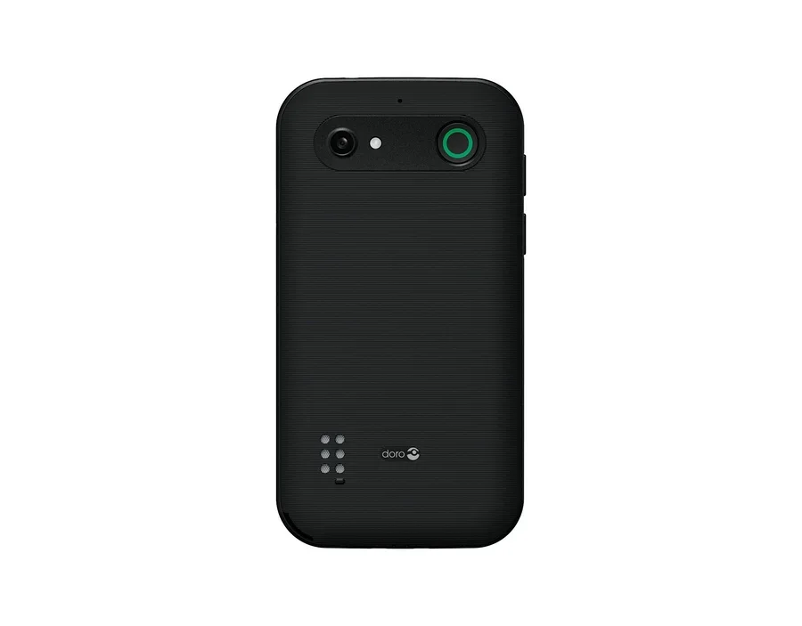 Rückseite des schwarzen Doro Leva E10 LTE Telefons mit Kamera, Blitz, grün umrandetem Knopf oben, Doro Logo und Ladekontakten unten.
