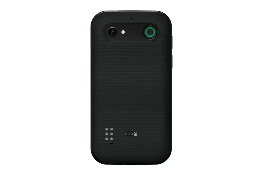 Rückseite des schwarzen Doro Leva E10 LTE Telefons mit Kamera, Blitz, grün umrandetem Knopf oben, Doro Logo und Ladekontakten unten.