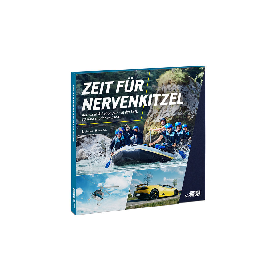 Geschenkbox 'Zeit für Nervenkitzel' von Jochen Schweizer. Sie zeigt Rafting auf einem Fluss, einen Hubschrauber in der Luft und einen gelben Sportwagen auf einer Straße. Text: 'Adrenalin & Action pur – in der Luft, zu Wasser oder an Land. 1 Person viele Orte.'