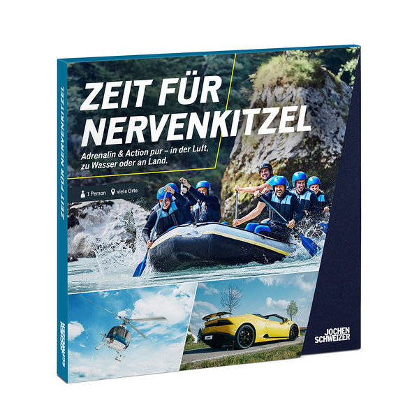 Geschenkbox 'Zeit für Nervenkitzel' von Jochen Schweizer. Sie zeigt Rafting auf einem Fluss, einen Hubschrauber in der Luft und einen gelben Sportwagen auf einer Straße. Text: 'Adrenalin & Action pur – in der Luft, zu Wasser oder an Land. 1 Person viele Orte.'