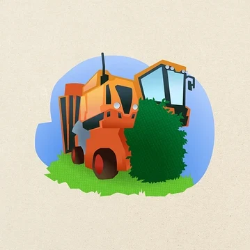Orange-schwarzer Mähdrescher auf grünem Gras, der grüne Pflanzen erntet.