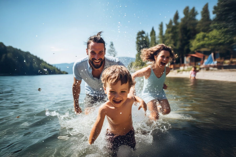 Eine lächelnde Familie rennt im Wasser. Ein Junge im Vordergrund lacht und spritzt Wasser.