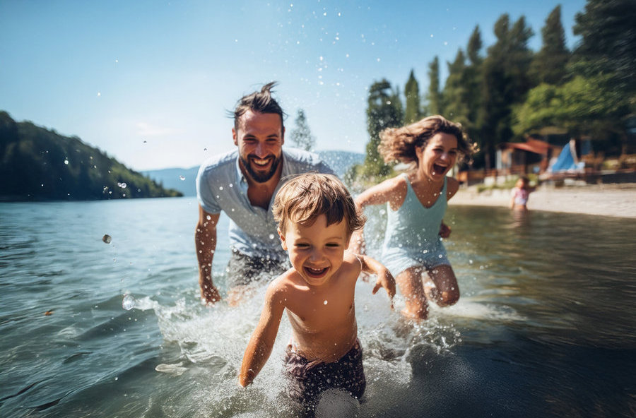 Eine lächelnde Familie rennt im Wasser. Ein Junge im Vordergrund lacht und spritzt Wasser.