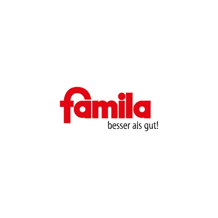 Rotes "famila"-Logo mit dem Slogan "besser als gut!" in schwarzer Schrift darunter auf weißem Hintergrund.