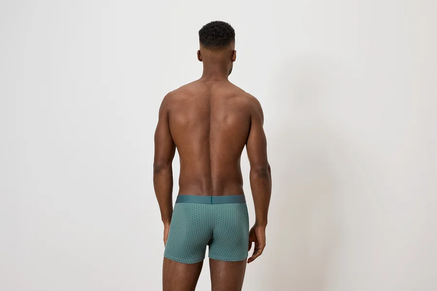 Ein Mann mit dem Rücken zur Kamera trägt grüne Boxershorts.