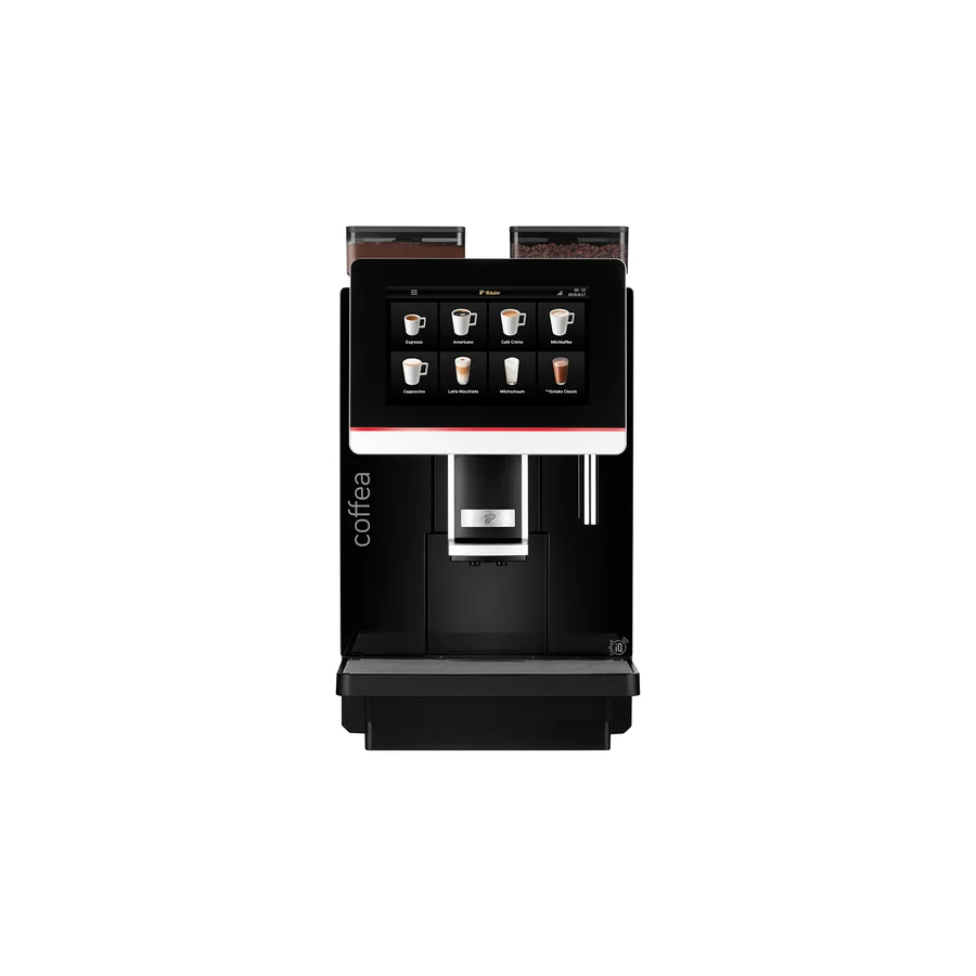 Ein schwarzer Kaffeevollautomat mit Touchscreen, der verschiedene Getränke anzeigt.