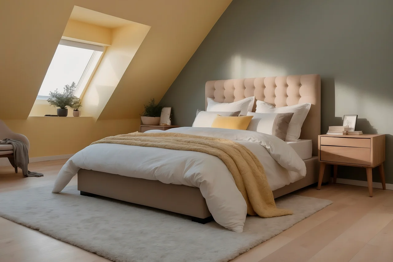 Ein Schlafzimmer mit einem Bett mit beigem Kopfteil, weißer Bettwäsche und einer gelben Decke. Auf beiden Seiten des Bettes stehen Nachttische.