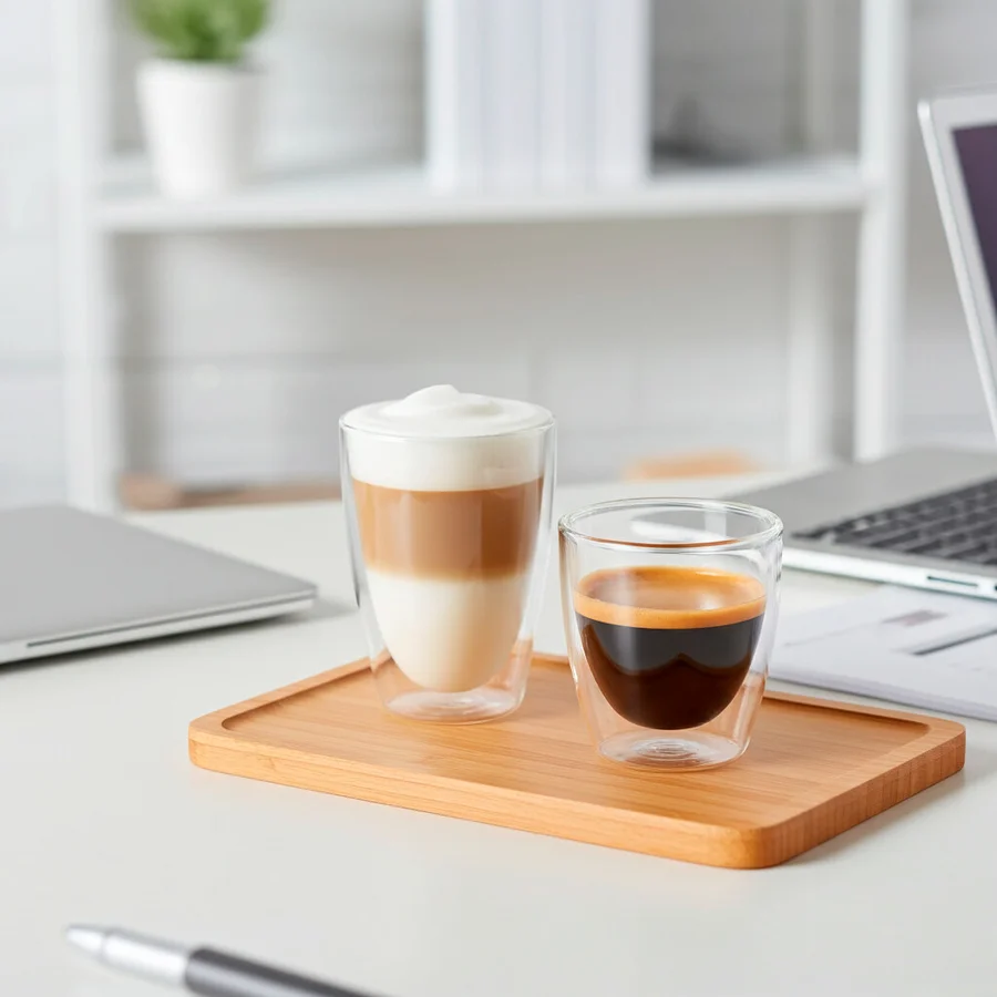 Zwei Gläser Kaffee auf einem Holztablett auf einem weißen Tisch.
