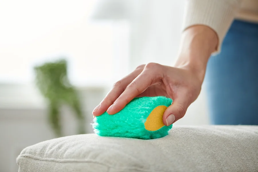 Eine Hand reinigt ein beiges Kissen mit einer grünen 2 Fleckenmäuse.