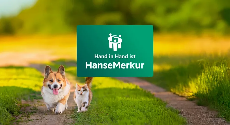 Auf einem grasbewachsenen Weg laufen ein Hund und eine Katze auf ein grünes HanseMerkur-Logo zu.