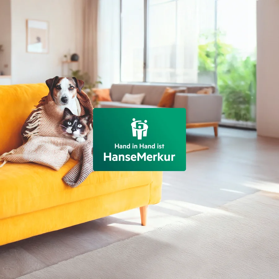 Hund und Katze sitzen auf gelbem Sofa unter einer Decke. Im Vordergrund ist ein grünes HanseMerkur Logo zu sehen.