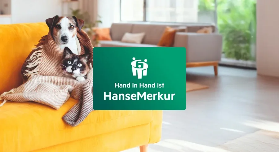 Hund und Katze sitzen auf gelbem Sofa unter einer Decke. Im Vordergrund ist ein grünes HanseMerkur Logo zu sehen.