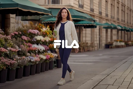 Frau geht auf einem Gehweg neben einem Blumenstand, trägt ein dunkelblaues Oberteil und Leggings, eine cremefarbene Jacke und beige Turnschuhe, hält ein grünes Getränk. Fila-Logo überlagert.