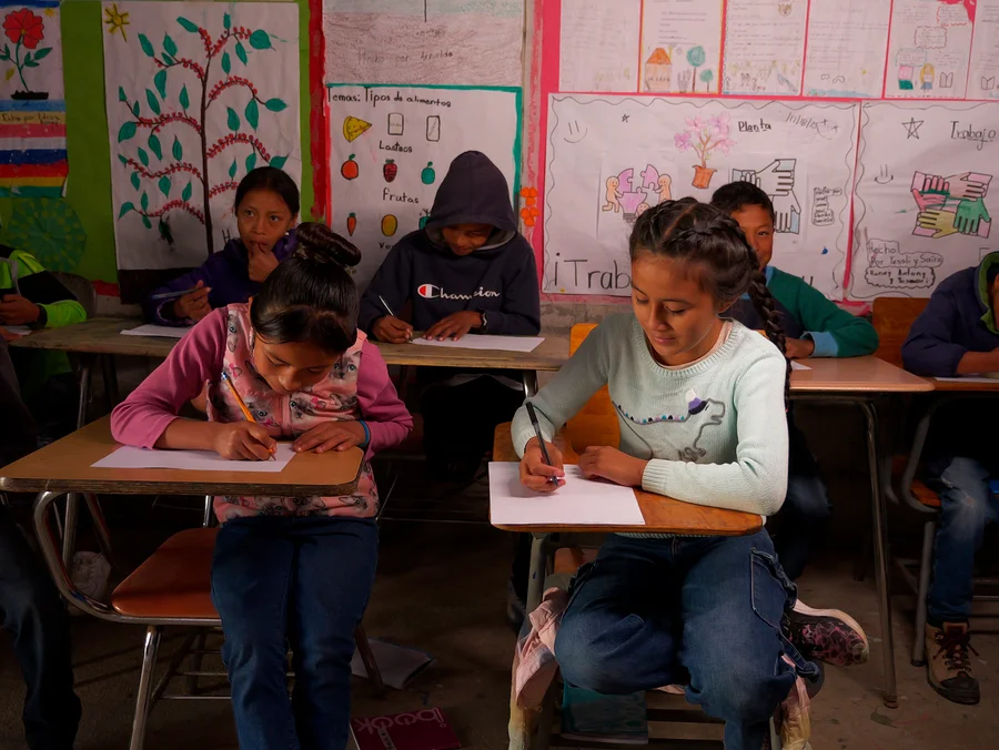 Mehrere Kinder sitzen in einem Klassenzimmer an Holztischen und schreiben auf Papier. Zwei Mädchen im Vordergrund konzentrieren sich auf das Schreiben, eines in einer rosa Weste und das andere in einem hellblauen Pullover. Die Wände des Klassenzimmers sind mit Lernplakaten dekoriert.