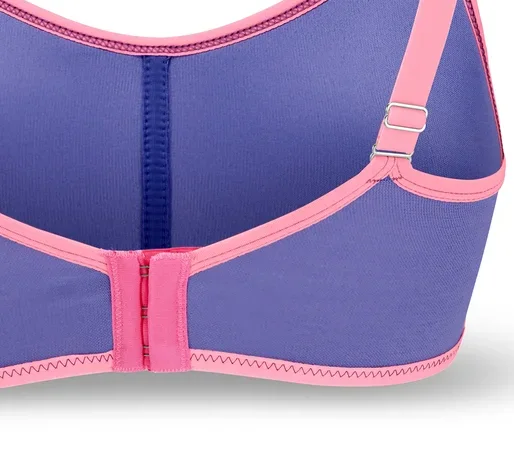 Rückansicht eines lila Sport-BHs mit rosa Trägern und Saum.