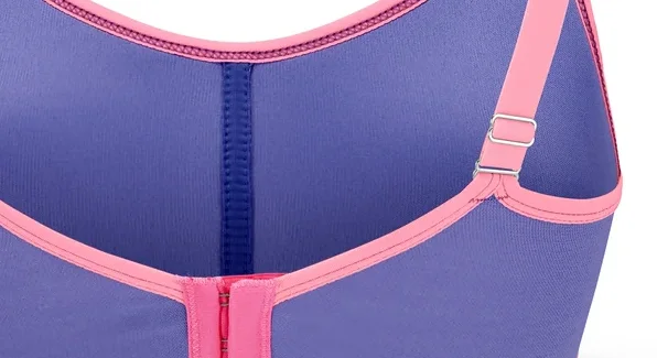 Rückansicht eines lila Sport-BHs mit rosa Trägern und Saum.