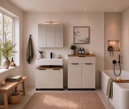 Modernes Badezimmer mit weißem Waschbeckenunterschrank, dreitürigem Spiegelschrank und einem zweitürigen Highboard »Saga«. Eine Holzbank steht am Fenster, ein Teppich liegt auf dem Boden.