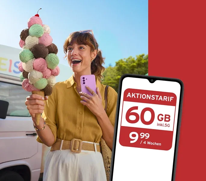 Eine lächelnde Frau hält ein riesiges Eis mit bunten Kugeln und ein lilafarbenes Smartphone vor einem Eiswagen. Rechts ein Smartphone mit einem Aktionstarif: 60 GB inkl. 5G für 9,99 / 4 Wochen.