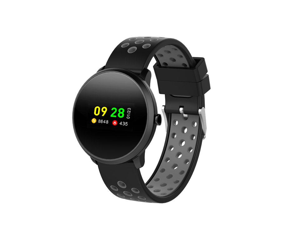 Eine schwarze Fitnessuhr mit rundem Zifferblatt und Silikonarmband wird auf weißem Hintergrund gezeigt.