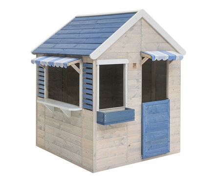 Blau-graues Kinderspielhaus "Maritime House" mit blauem Dach, Fenstern und Türen.