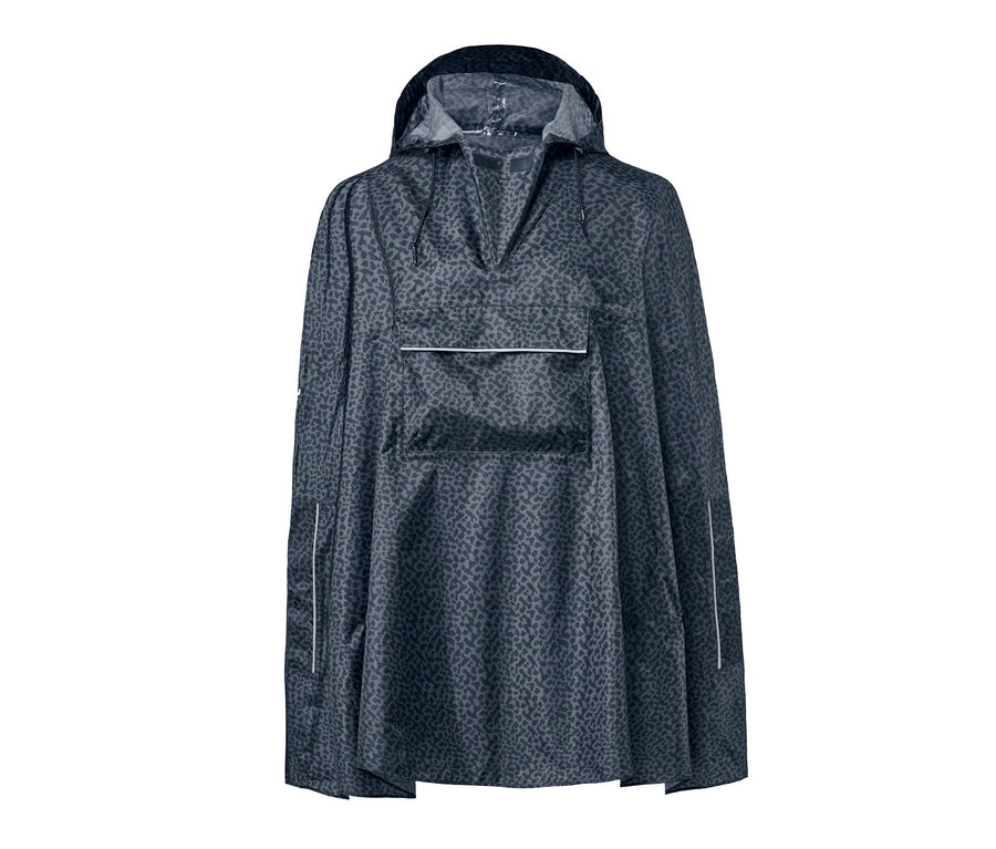 Grauer Regenponcho mit Kapuze und Leopardenmuster.