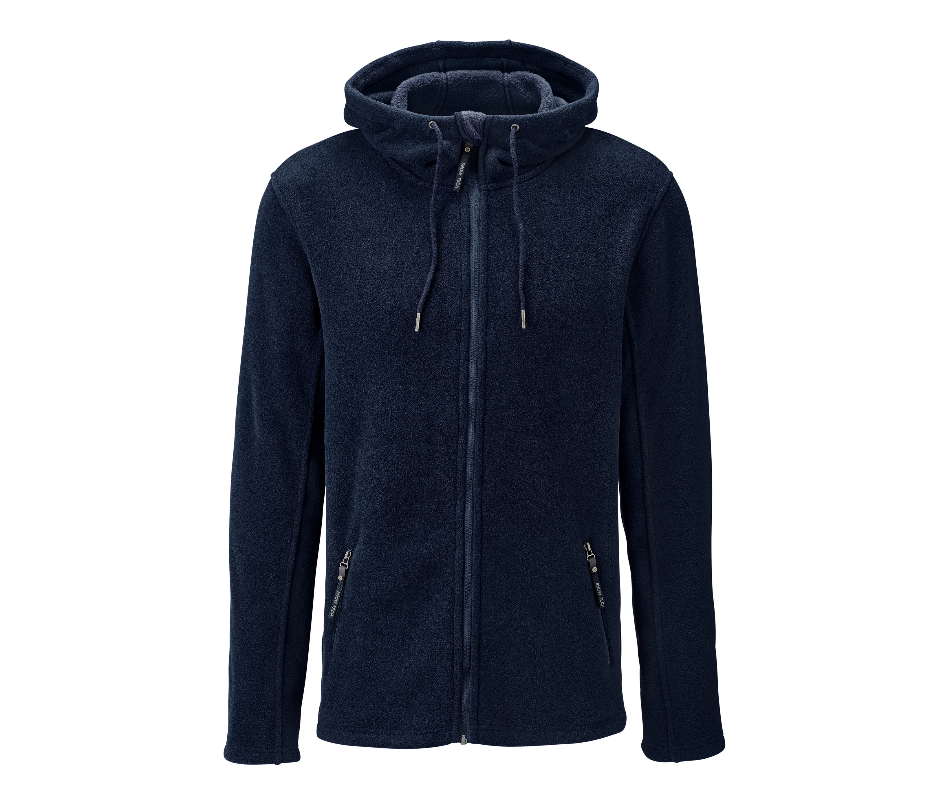 Eine marineblaue Thermo-Fleecejacke mit Reißverschluss und Kapuze.