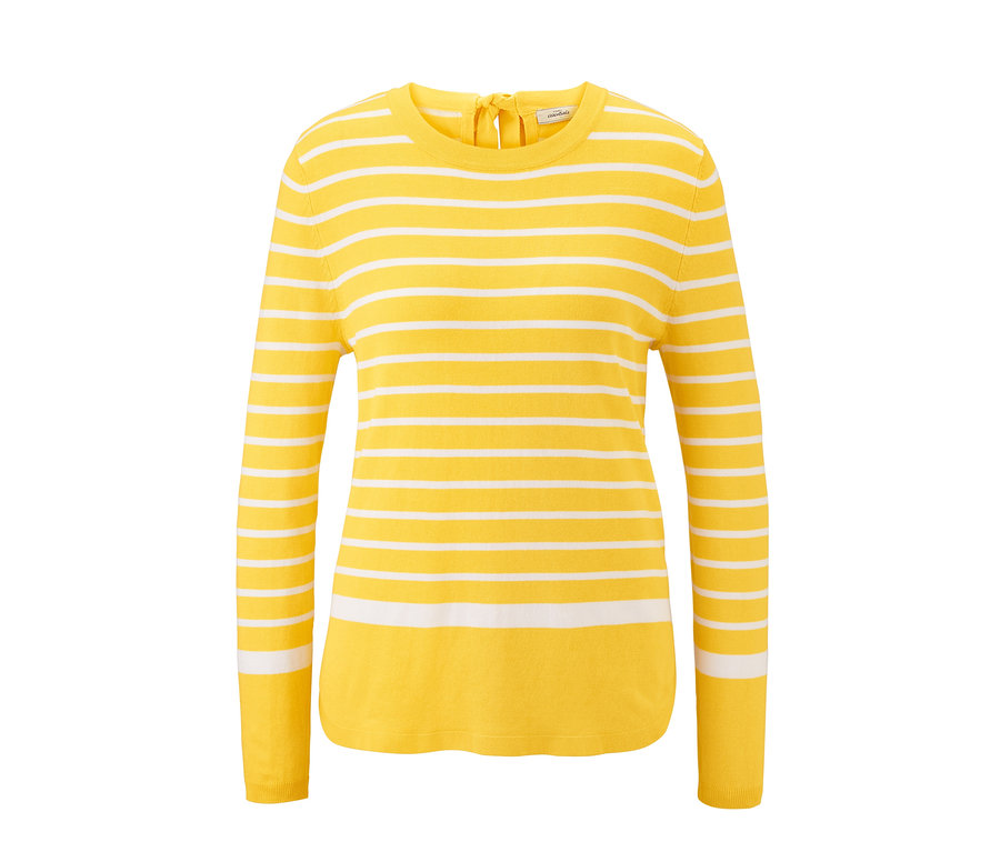 Gelb-weiß gestreifter Feinstrickpullover mit Schleife am Rücken.