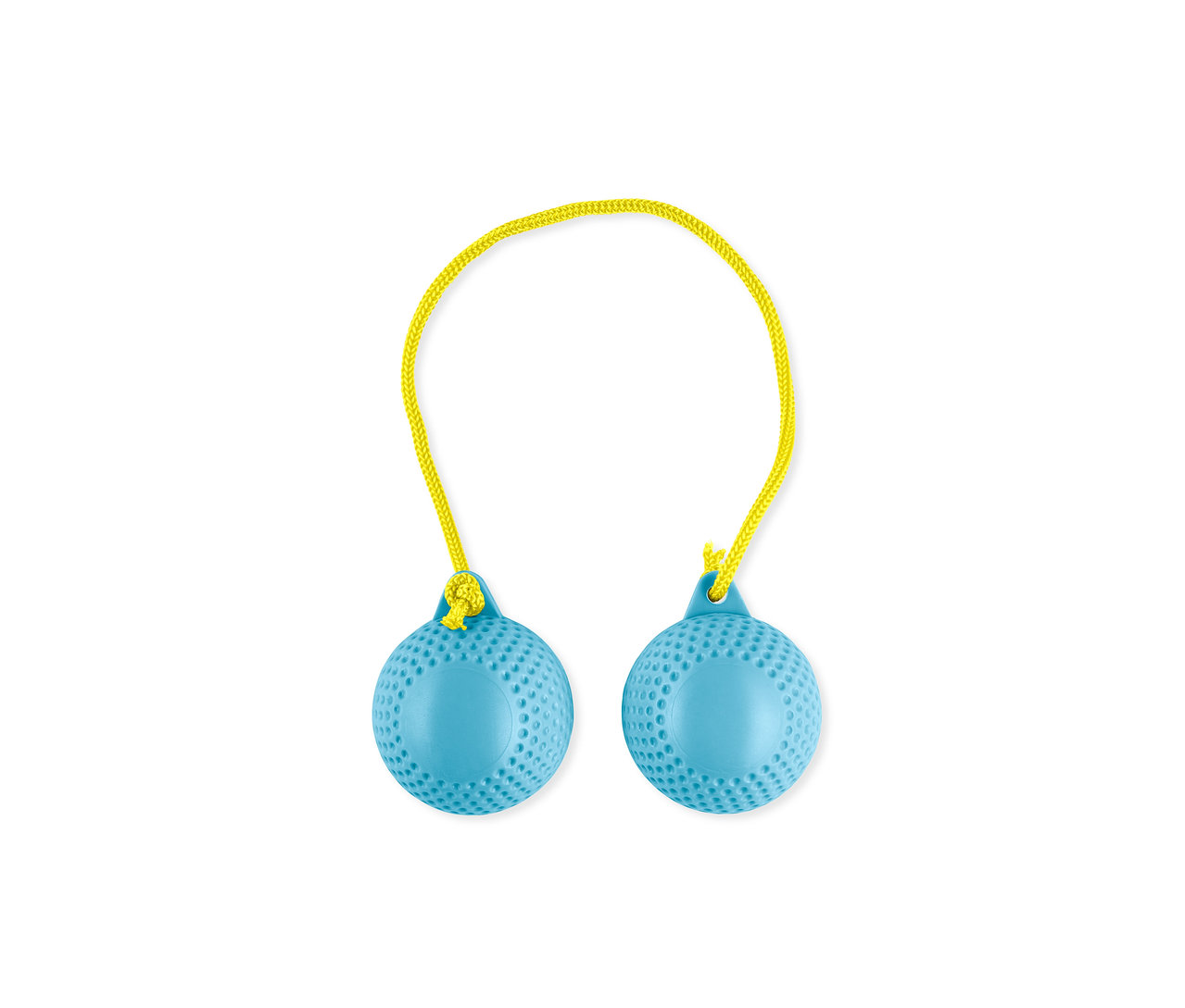 Zwei blaue Wurfspiele mit gelber Schnur.