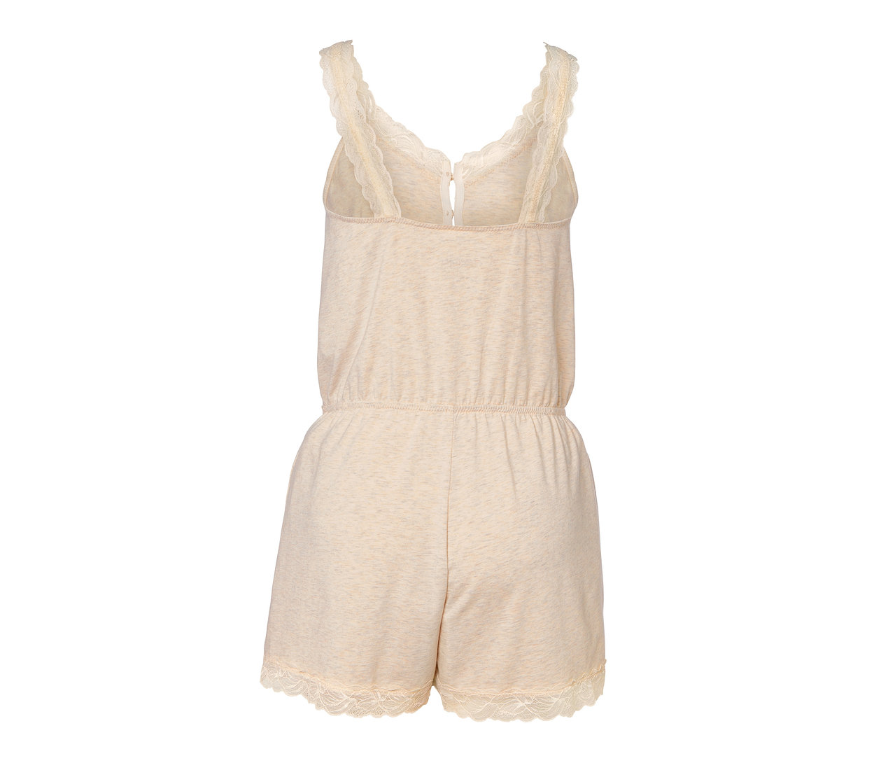 Beiger Jumpsuit-Pyjama mit Spitzendetails und Reissverschluss hinten.