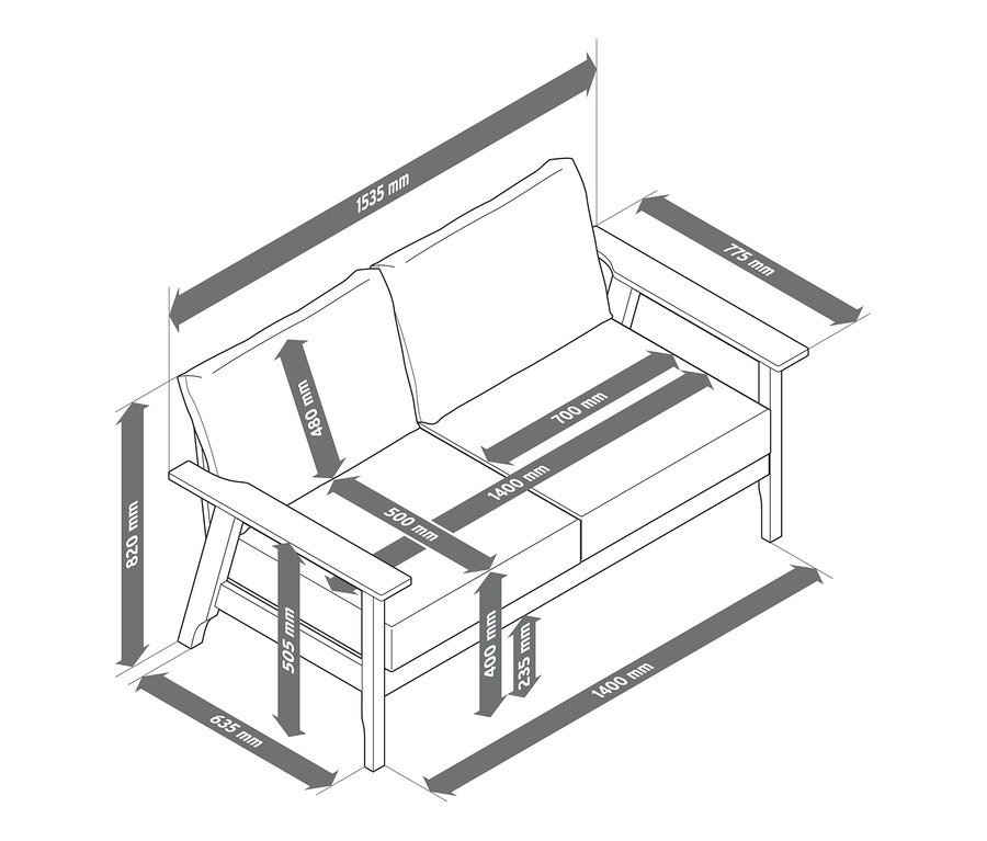 Abmessungen des 2-Sitzer-Sofas.