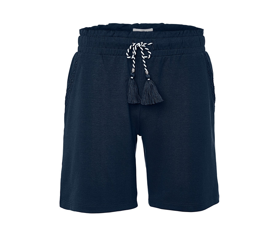 Marineblaue Jerseyshorts mit Zierquasten.