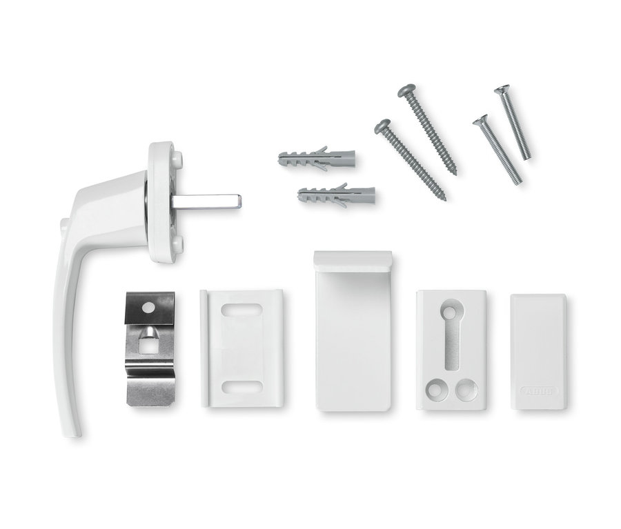 Ein Set des ABUS-Fenstersicherheitspakets »Good« in Weiß auf weißem Hintergrund.